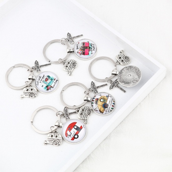 Picture of Keychain & Keyring Antique Silver Color Red Round Car Message " CAMPING " 63mm, 5 PCs