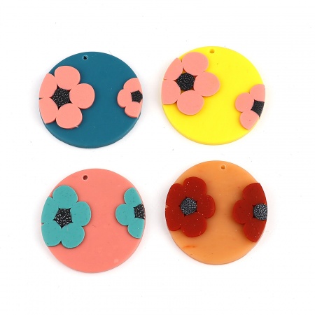 Polymer Clay Pendants Round Orange Pink Flower 40mm Dia., 3 PCs