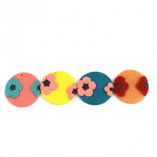 Picture of Polymer Clay Pendants Round Orange Pink Flower 40mm Dia., 3 PCs