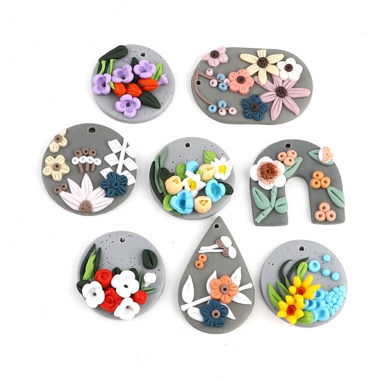 Picture of Polymer Clay Pendants Round Multicolor Flower 2 PCs