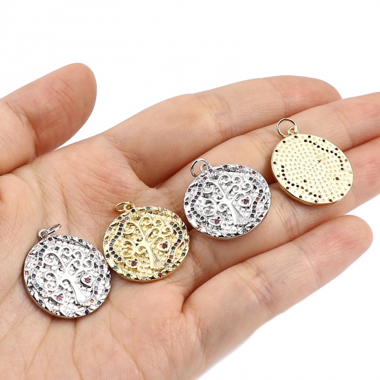 Image de Breloques en Laiton Rond Arbres à Strass Coloré 26mm x 20mm, 1 Pièce