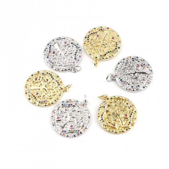 Image de Breloques en Laiton Rond Arbres à Strass Coloré 26mm x 20mm, 1 Pièce