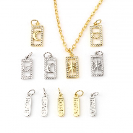 Brass Galaxy Charms Rectangle Moon Micro Pave Clear Rhinestone 18mm x 7mm, 2 PCs