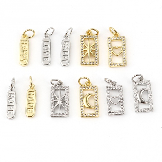 Picture of Brass Galaxy Charms Rectangle Moon Micro Pave Clear Rhinestone 18mm x 7mm, 2 PCs                                                                                                                                                                              