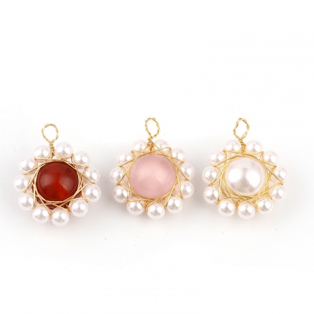 Acrylic Wire Wrapped Charms Flower Gold Plated White & Pink Imitation Pearl 21mm x 18mm, 3 PCs