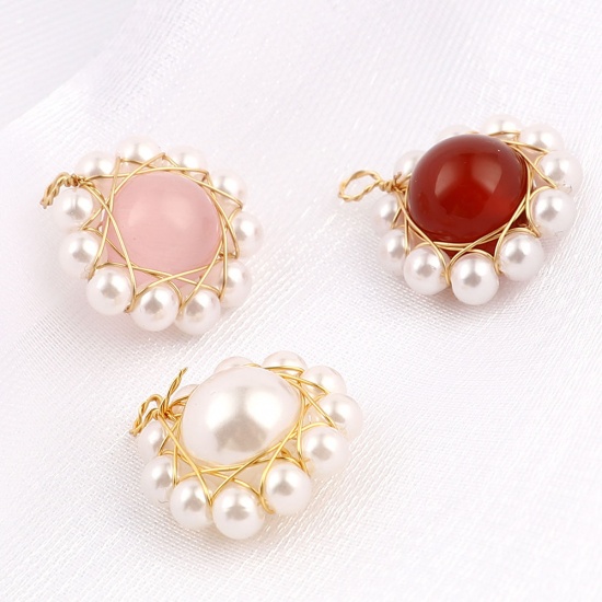 Picture of Acrylic Wire Wrapped Charms Flower Gold Plated White & Pink Imitation Pearl 21mm x 18mm, 3 PCs