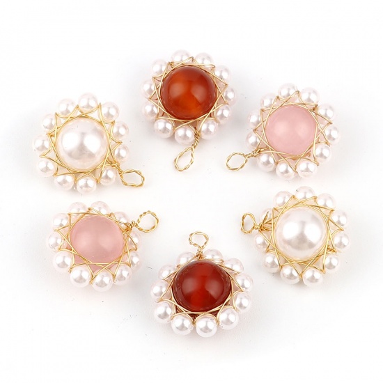 Picture of Acrylic Wire Wrapped Charms Flower Gold Plated White & Pink Imitation Pearl 21mm x 18mm, 3 PCs