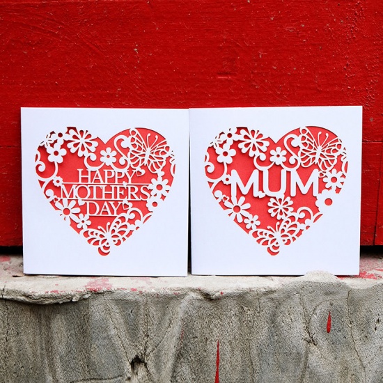 Picture of White - Iridescent Paper Happy Teachers Day Hollow Love Heart Teacher's Day Greeting Card 12.5x12.5cm, 2 PCs