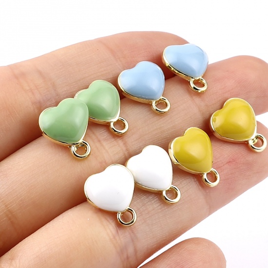 Picture of Valentine's Day Ear Post Stud Earrings Findings Heart Gold Plated Blue W/ Loop 12mm x 10mm, Post/ Wire Size: (21 gauge), 10 PCs