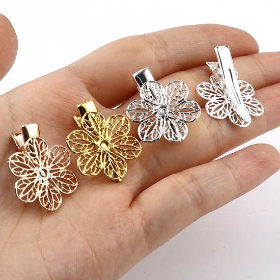 Picture of Copper & Iron Based Alloy Hair Clips Findings Silver Plated Flower 26mm x 20mm, 10 PCs