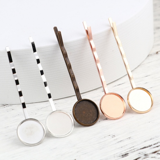 Picture of Copper & Iron Based Alloy Hair Clips Findings Round Cabochon Settings (Fits 10mm Dia.) 60mm x 12mm, 10 PCs