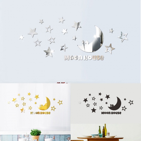 Picture of Black - Acrylic Self Adhesive Moon Star Mirror Wall Stickers Home Decoration 54x21cm, 1 Set