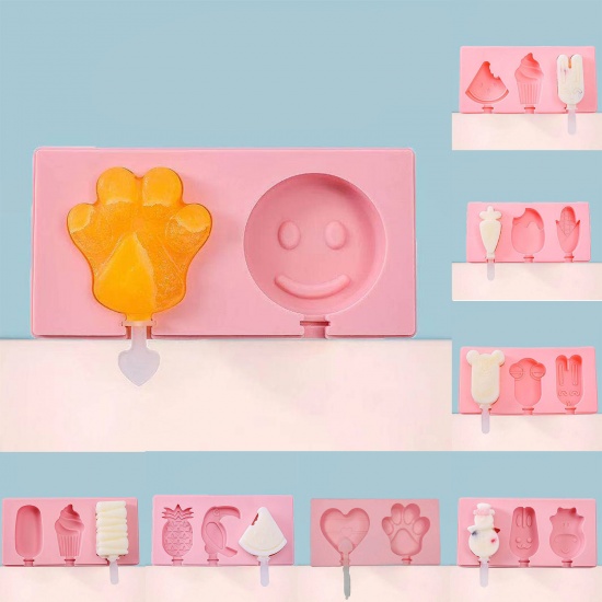 Immagine di Pink - Bear & Man & Rabbit (With Lid & 3 Sticks) Ice-lolly Silicone Mold Food Grade 18.2x9.1x2.3cm, 1 Piece