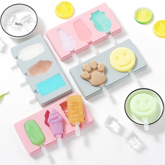 Picture of Pink - Bear & Man & Rabbit (With Lid & 3 Sticks) Ice-lolly Silicone Mold Food Grade 18.2x9.1x2.3cm, 1 Piece