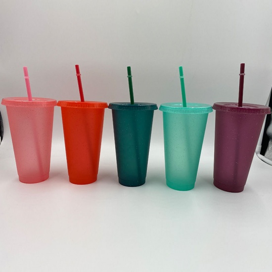 Immagine di White - Glitter PP Water Cup With Straw And Lid 9.8x9.8x12cm, 1 Piece