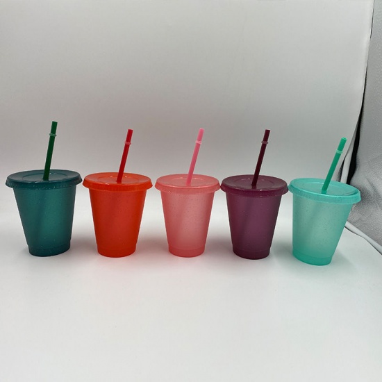 Immagine di White - Glitter PP Water Cup With Straw And Lid 9.8x9.8x12cm, 1 Piece