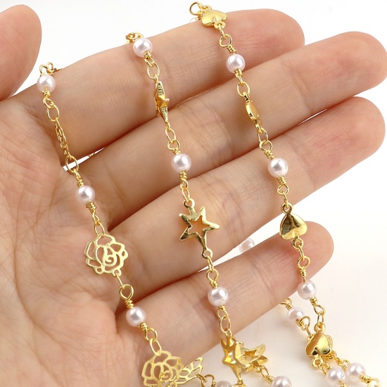 Picture of Brass Imitation Pearl Link Chain Findings Gold Plated White 6mm, 1 M                                                                                                                                                                                          