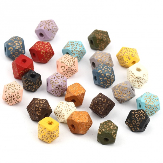 Picture of Natural Wood Spacer Beads Geometric Leopard Print Faceted About 10mm x 10mm, Hole: Approx 2.8mm, 20 PCs