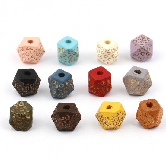 Picture of Natural Wood Spacer Beads Geometric Leopard Print Faceted About 10mm x 10mm, Hole: Approx 2.8mm, 20 PCs