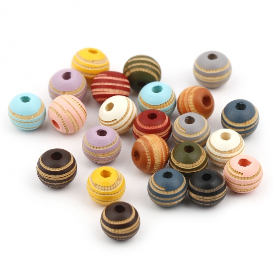 Picture of Wood Spacer Beads Round Stripe About 10mm Dia., Hole: Approx 2.8mm, 20 PCs