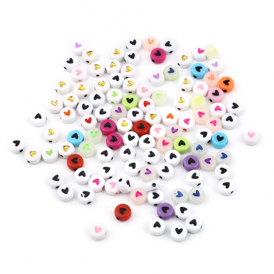 Picture of Acrylic Beads Flat Round Heart Pattern About 7mm Dia., Hole: Approx 1.4mm, 1000 PCs