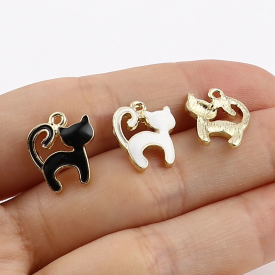 Picture of Zinc Based Alloy Charms Cat Animal Gold Plated Black Enamel 15mm x 13mm, 10 PCs
