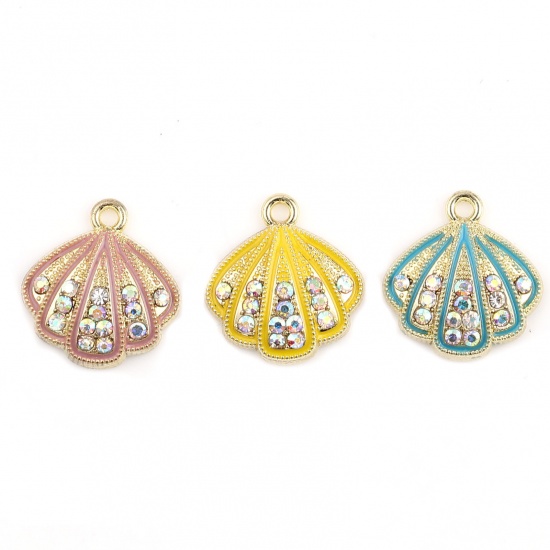 Picture of Zinc Based Alloy Charms Scallop Gold Plated Pale Lilac Multicolor Rhinestone 18mm x 17mm, 5 PCs