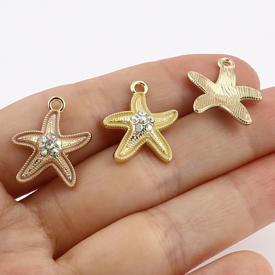 Picture of Zinc Based Alloy Ocean Jewelry Charms Star Fish Gold Plated Blue Multicolor Rhinestone 19mm x 17mm, 10 PCs