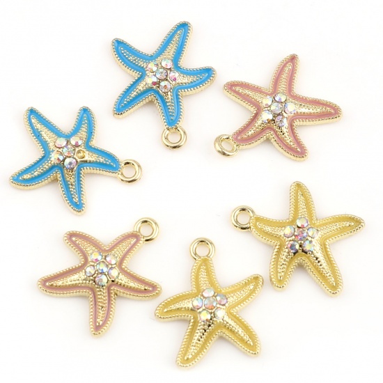 Picture of Zinc Based Alloy Ocean Jewelry Charms Star Fish Gold Plated Blue Multicolor Rhinestone 19mm x 17mm, 10 PCs