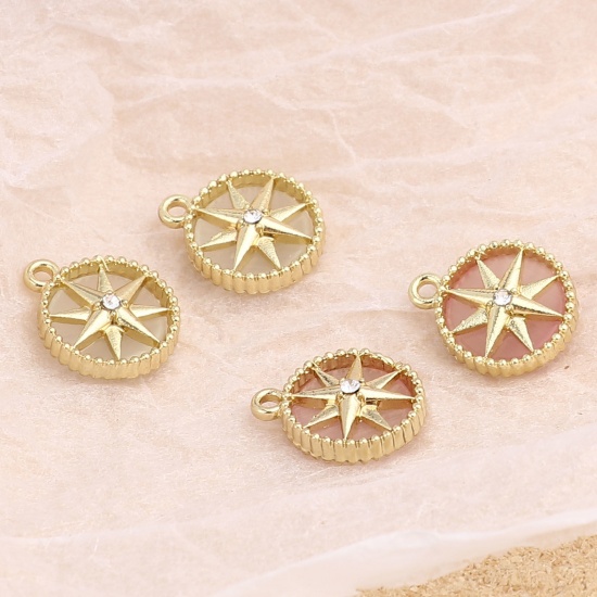 Picture of Zinc Based Alloy & Acrylic Galaxy Charms Round Gold Plated Light Pink Star Clear Rhinestone 15mm x 12mm, 10 PCs