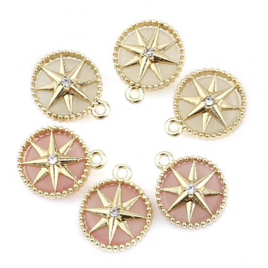 Picture of Zinc Based Alloy & Acrylic Galaxy Charms Round Gold Plated Light Pink Star Clear Rhinestone 15mm x 12mm, 10 PCs
