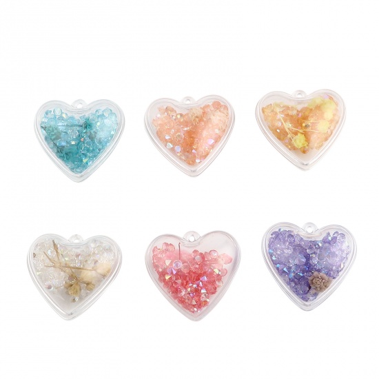 Picture of Resin Pendants Heart Dried Flower Transparent Clear Blue Rhinestone 30mm x 29mm, 5 PCs