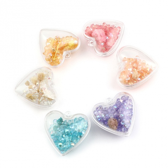 Picture of Resin Pendants Heart Dried Flower Transparent Clear Blue Rhinestone 30mm x 29mm, 5 PCs