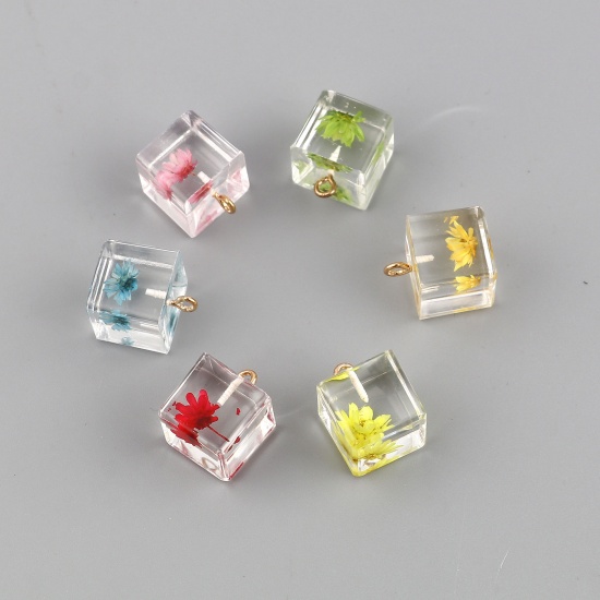Picture of Resin Charms Square Dried Flower Gold Plated Multicolor