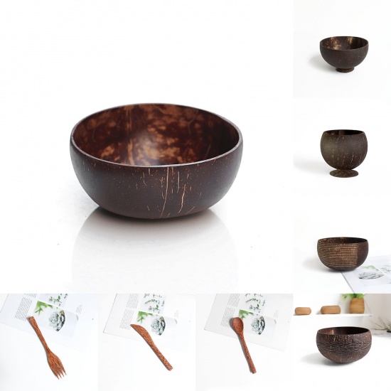 Immagine di Brown - Natural Coconut Shell Bowl Tableware Hollow For Storage Decoration 14cm Dia. - 12cm Dia., 1 Piece