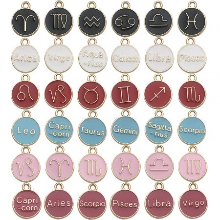 Lega di Zinco Charms Tondo Oro Placcato Rosa scuro Costellazione Smalto 12mm Dia, 1 Serie ( 12 Pz/Serie)