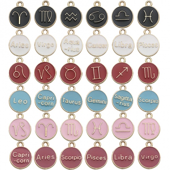 Picture of Zinc Based Alloy Charms Round Gold Plated Dark Pink Constellation Enamel 12mm Dia., 1 Set ( 12 PCs/Set)