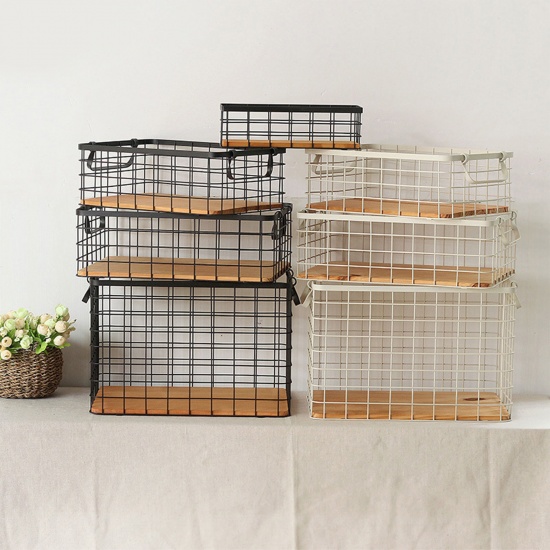 Imagen de Wrought Iron Grid Storage Basket With Wooden Board