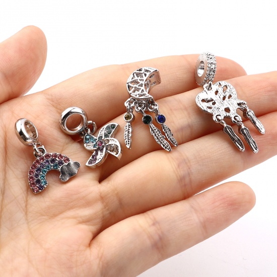 Picture of Zinc Based Alloy Large Hole Charm Dangle Beads Silver Tone Dream Catcher Multicolor Rhinestone 30mm x 13mm, Hole: Approx 5.2mm, 3 PCs