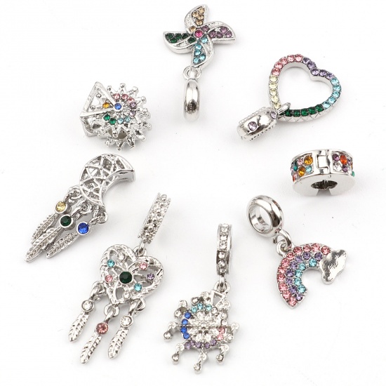 Picture of Zinc Based Alloy Large Hole Charm Dangle Beads Silver Tone Dream Catcher Multicolor Rhinestone 30mm x 13mm, Hole: Approx 5.2mm, 3 PCs