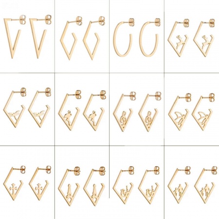 Stainless Steel Ear Post Stud Earrings Rhombus 30mm x 20mm, 1 Pair