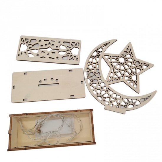 Picture of Natural - 20# Boxwood Woodcarving Ornaments Decorations with LED Light For Ramadan Festival Eid Al-Fitr 20x14x6cm, 1 Set