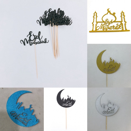 Immagine di Skyblue - Eid Mubarak Moon Paper Cake Picks Decoration For Ramadan Festival Eid Al-Fitr 8x12cm, 10 PCs