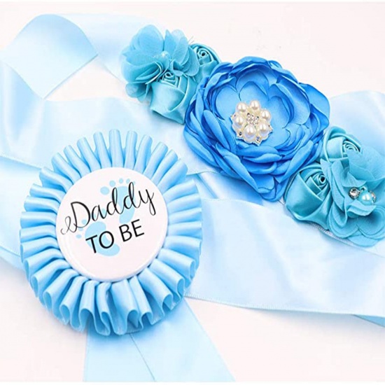 Изображение Blue - Flower Belt Daddy To Be Brooch Badge Baby Shower Party Supplies, 1 Set