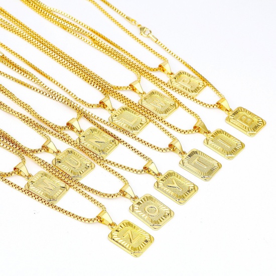 Immagine di Rettangolo Lettera Maiuscola Messaggio " A-Z " Collana con Ciondolo All'Ingrosso, 24K Vero Oro Placcato Ottone Catena a Casella, Donne Ecologico Squisito Elegante Regalo Gioielli Per Rivenditore, 55.5cm - 55cm Lunghezza, 1 Pz