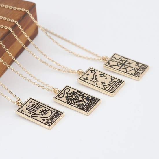 Picture of Stainless Steel Tarot Necklace Gold Plated Rectangle Message " STRENGTH " 45cm(17 6/8") long, 1 Piece