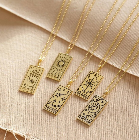 Picture of Stainless Steel Tarot Necklace Gold Plated Rectangle Message " STRENGTH " 45cm(17 6/8") long, 1 Piece