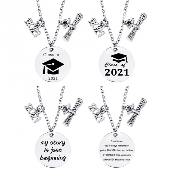 Picture of Stainless Steel Year Necklace Silver Tone & Antique Silver Color Round Diploma 2021 50cm(19 5/8") long, 1 Piece