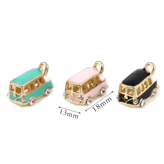 Picture of Zinc Based Alloy Travel Charms Bus Gold Plated Cyan Enamel Clear Rhinestone 18mm x 13mm, 2 PCs