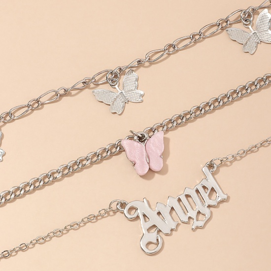 Picture of Acrylic Anklet Silver Tone Pink Butterfly Animal Message " Angel " 21.5cm 21cm long, 1 Set ( 3 PCs/Set)